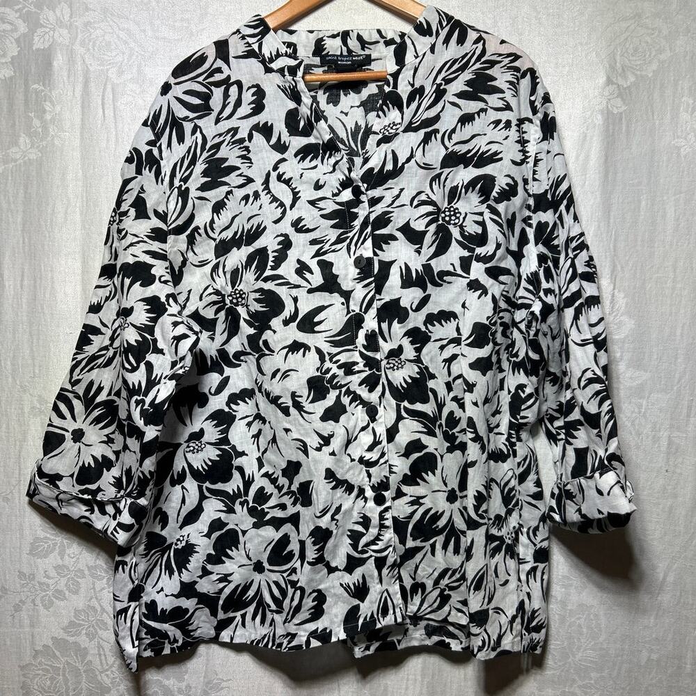 Saint Tropez West 3X Button Up 100% Linen White Black Floral Tropical Hawaiian